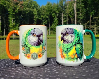 Taza de acuarela de loro senegalés, taza de cerámica personalizable