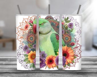 Vaso de acero inoxidable con diseño de loro alejandrino, acuarela