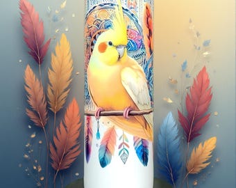 Vaso Lutino Cockatiel - Vaso de viaje de acero inoxidable con diseño de pájaro bohemio