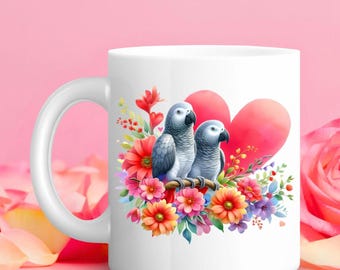African Grey Mug - 4 Picture Options Bird Coffee Cup with Hearts and Flowers, Great Gift for Animal Lovers