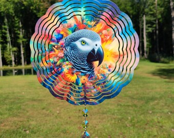 Molinillo de viento de loro gris africano, decoración de jardín, regalo para amantes de las aves