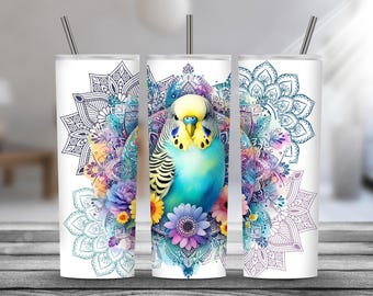 Vaso de acero inoxidable con forma de periquito, diseño de pájaro acuarela