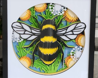 Caja de sombras de abejas, arte de papel 3D, decoración natural (12 x 12)