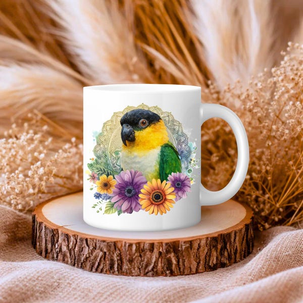 Black-headed Caique Mug – Watercolor Bird Art, 15 oz Ceramic