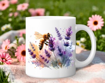 Taza de cerámica con diseño de abeja de acuarela, 5 opciones de imagen, flores de lavanda, regalo para amantes del café