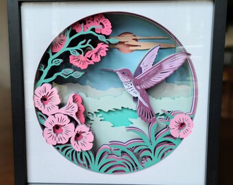 Hummingbird Shadowbox Art, 3D Layered Paper Cut, Nature Home Decor (12x12)