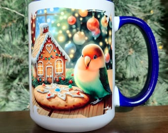 Taza navideña de agapornis con cara de melocotón – Taza de cerámica con diseño de loro acuarelado