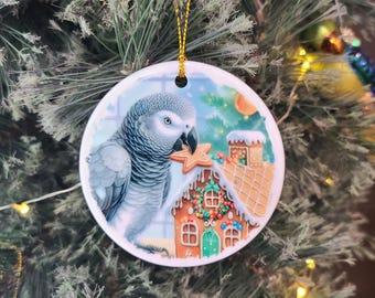 Adorno navideño de loro gris africano: decoración navideña para amantes de las aves