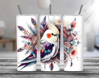Vaso de viaje de acero inoxidable con diseño de pájaro bohemio.