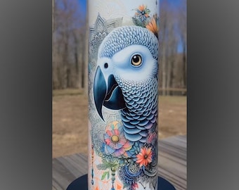 Vaso de loro gris africano, diseño de pájaro en acuarela, regalo para amantes de las aves