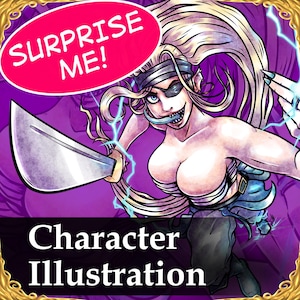 May include: A digital illustration of a female character with long blonde hair, wearing a blue and white outfit and a black eyepatch. She is holding a silver sword and has a surprised expression on her face. The background is purple with a speech bubble that says "Surprise Me!" in pink letters.