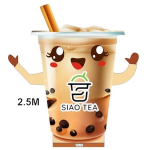 May include: A cartoon image of a bubble tea drink in a clear plastic cup. The drink has a smiling face with large eyes and a red mouth. The cup has a straw and the text "SIAO TEA". The drink is tan with dark brown boba pearls.