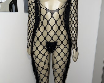Fishnet Jumpsuit with Tassles and Rhinestones