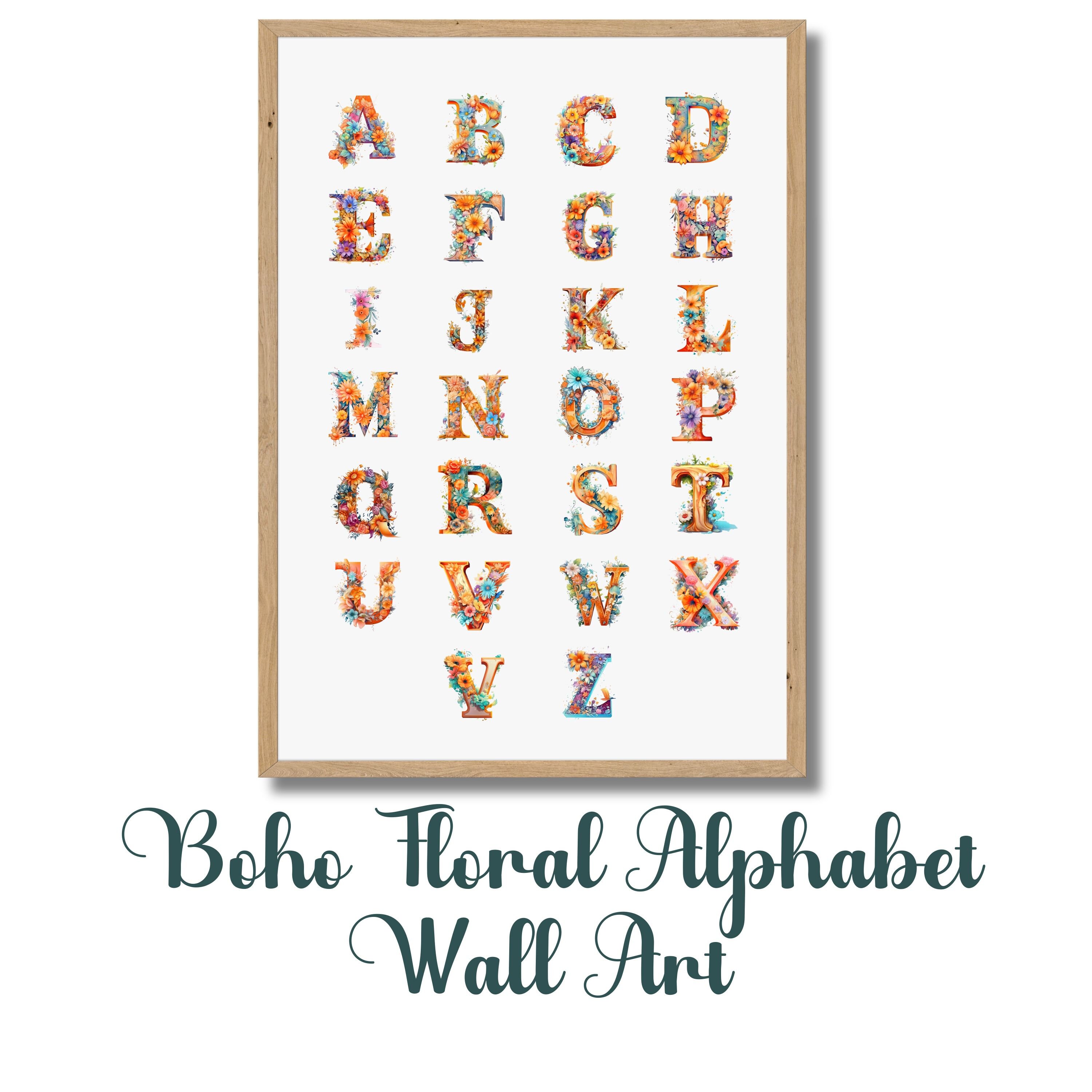 Boho Watercolor Alphabet Wall Art, Floral Boho Alphabet Print, Nursery ...