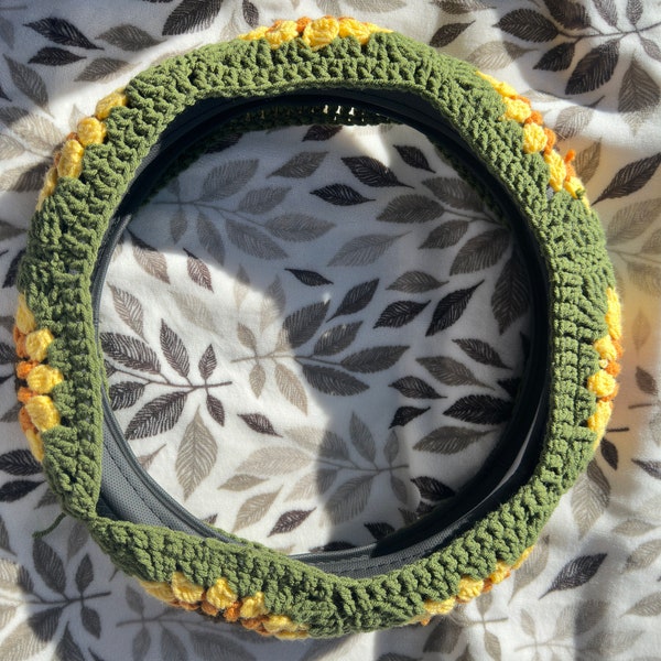 Handmade Crochet Sunflower Steering Wheel Cover, Made-to-order, Boho Car Accessories, Crocheted Car Accessories