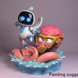 May include: A detailed figurine featuring a white and blue robot character with blue glowing eyes, standing above a pink octopus and a pink helmet with goggles. The base is a blue water design. The text "Painting suggestion" is at the bottom.