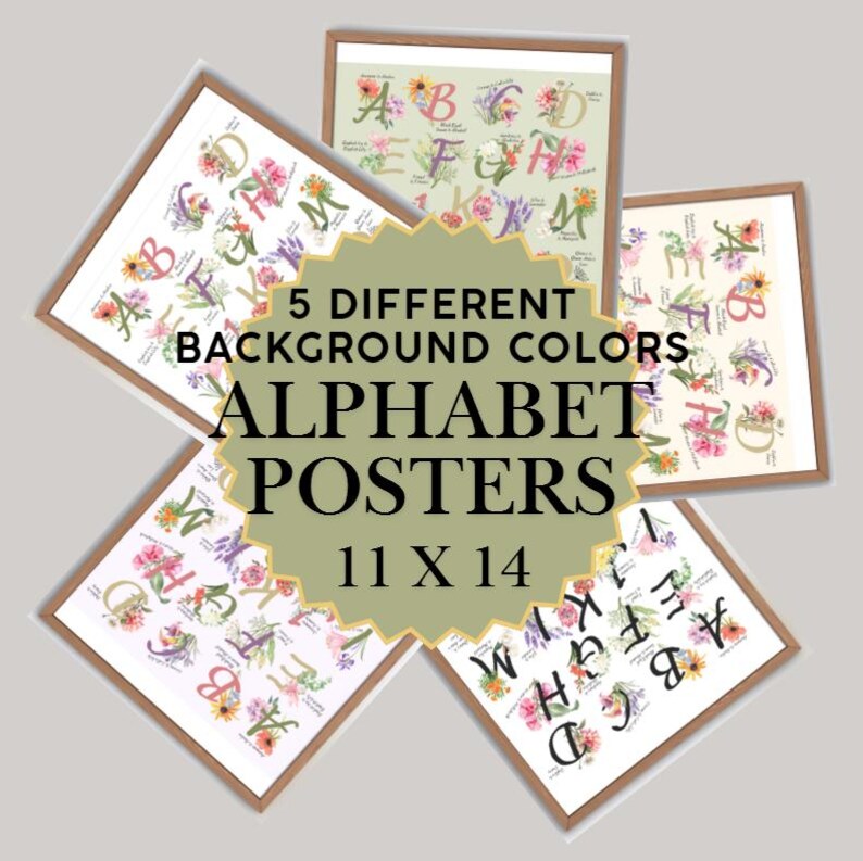 Alphabet Poster, Floral Watercolor, Flower Names, Room Decor 5