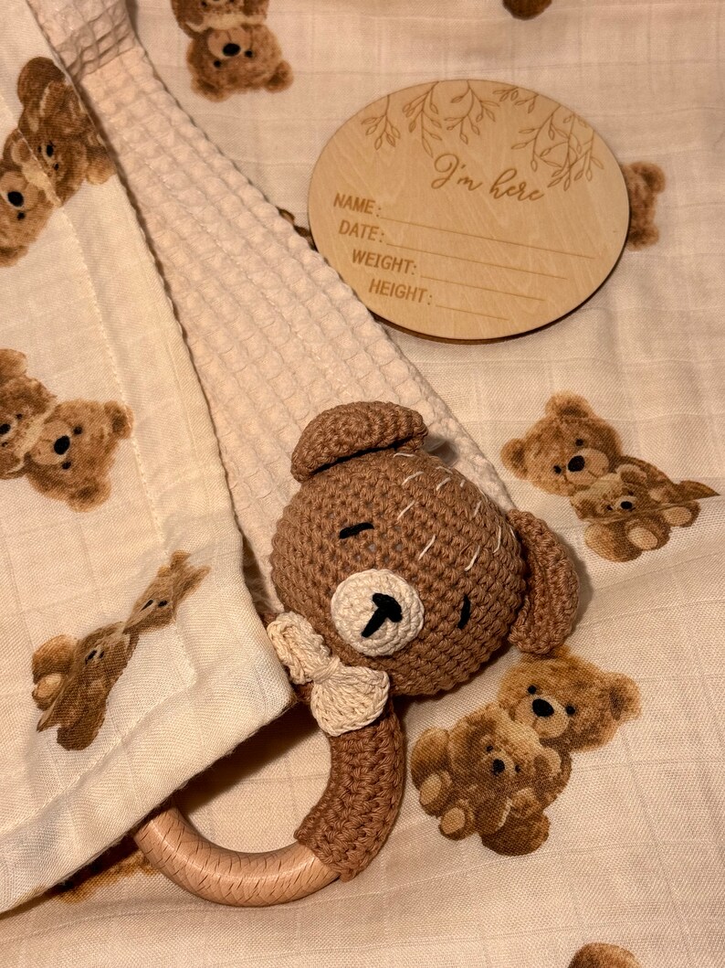 Teddy Bear New Baby Gift Set – Swaddle, Rattle Toy & Bracelet - Etsy