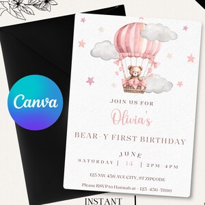 Bear-y first birthday Invitation, Bear Hot Air balloon Birthday Invitation, Teddy Bear Invite, Cute Bear invitation template, Canva , B008