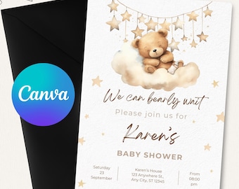 Invitación para baby shower "Podemos esperar mucho", baby shower con un lindo oso, fiesta de ositos de peluche, baby shower con ositos de peluche, plantilla Canva, baby shower, B009