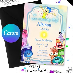 Może przedstawiać: Drukowane zaproszenie na 8. urodziny z postaciami z filmu W głowie się nie mieści. Zaproszenie jest ozdobione akwarelowym tłem i konfetti. Tekst na zaproszeniu brzmi: "To dzień ważnej pamięci! Alyssa kończy 8 lat. Dołącz do nas, aby świętować 3 sierpnia, od 14:00 do 16:00. 1234 NE 456 ST, CITY, ST ZIPCODE. RSVP 123-456-7000."