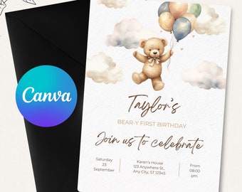 May include: A printable invitation for a first birthday party with a teddy bear holding balloons in a sky with clouds. The invitation says "Taylor's Bear-y First Birthday" and includes the date, time, and location of the party.