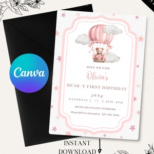 Bear-y first birthday Invitation, Bear Hot Air balloon Birthday Invitation, Teddy Bear Invite, Cute Bear invitation template, Canva , B007