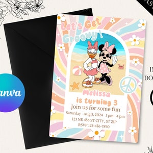 Puede incluir: Una invitación colorida con un fondo de arcoíris y una imagen de dibujos animados de Minnie Mouse y Daisy Duck. El texto de la invitación dice "Let's Get Groovy! Melissa is turning 3. Join us for some fun. Saturday Aug 3, 2024 1 pm-4 pm 123 NE 456 ST CITY, ST ZIP RSVP 123-456-7890".