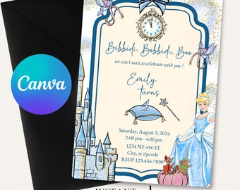 Assepoester verjaardagsuitnodiging, thema prinsessenfeest, Disney-feest, Assepoester-feestje uitnodigen, canvassjabloon, digitale uitnodiging, Koninklijk, D013