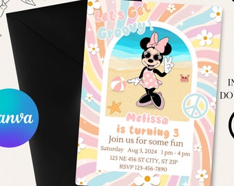 Minnie Mouse Birthday Invitation - Editable Digital File - Retro Beach Party Theme - Instant Download-Minnie Groovy Party-Digital Invitation