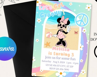 Minnie Mouse Birthday Invitation - Editable Digital File - Retro Beach Party Theme - Instant Download-Minnie Groovy Party-Digital Invitation