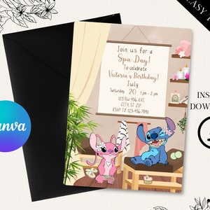 May include: A spa day invitation featuring Stitch and Angel from Lilo & Stitch. The invitation is decorated with flowers, candles, and towels. The text reads "Join us for a Spa Day! To celebrate Victoria's Birthday! July 20 Saturday 1pm - 2pm 123 πω 456 AVE CITY, ST ZIP RSVP TO 123-456-7890"