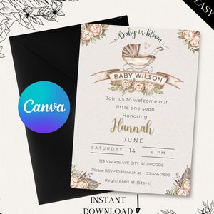 May include: A baby shower invitation with a floral design and a gold ribbon. The text reads "Baby in Bloom" and "Baby Wilson". The invitation includes the date, time, and location of the shower. It also includes the name of the baby, Hannah.
