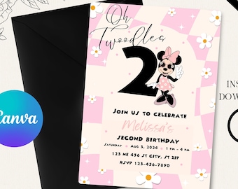 Minnie Mouse Birthday Invitation - Editable Digital File - Retro Beach Party Theme - Instant Download-Minnie Twoodles -Digital Invitation