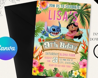 May include: A colorful invitation for a 9th birthday party with a tropical theme. The invitation features Stitch and Lilo from the Disney movie Lilo & Stitch. The text on the invitation reads "Join us to celebrate Lisa's 9th Bday. Saturday Aloha Park August 3, 1 PM, 123 NW 456 ST, City, State Zip. RSVP to 123-456-7890."