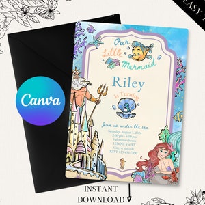 Little Mermaid Birthday Invitation, Editable Digital File, Princess Party Theme, Instant Download, Digital Invitation, Ariel Sea Party, D006