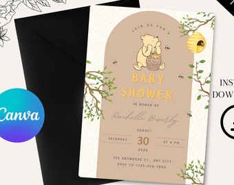 Winnie the Pooh Baby Shower Invitation | Gender Neutral Printable Invite | Editable Digital Template for Boy or Girl, Canva Template