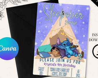 Uitnodiging voor Lilo en Stich slaapfeestje, Stitch Sleepover verjaardagsuitnodiging, uitnodiging digitale download, sjabloon, Stitch Party, S007