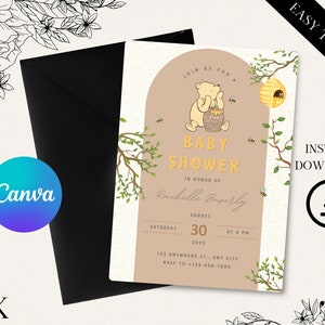 Winnie the Pooh Baby Shower Invitation | Gender Neutral Printable Invite | Editable Digital Template for Boy or Girl, Canva Template
