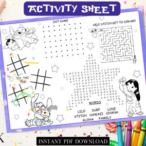 Stitch Kid Activity Placemat, Kids Placemat, Kids Coloring Sheet, Lilo and Stitch Party Games, Activity Sheets for Kids, Coloring Page, S007
