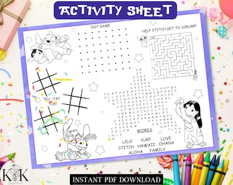 Stitch Kid Activity Placemat, Kids Placemat, Kids Coloring Sheet, Lilo and Stitch Party Games, Activity Sheets for Kids, Coloring Page, S007