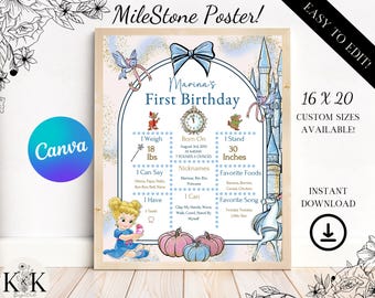 Cinderella Milestone Sign, Milestone Poster, Printable Baby First Birthday Milestone sign, Digital file, BC001