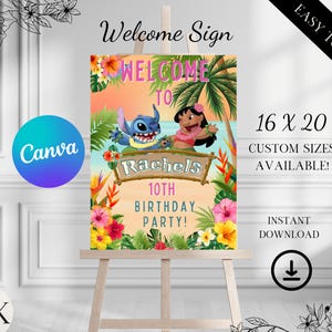 Cartello di benvenuto per festa tropicale di Lilo e Stich, poster di compleanno di Stitch Luau, festa di Stitch, cartello di benvenuto digitale, segnaletica per festa di compleanno ST001