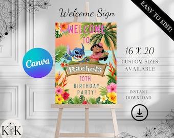 Lilo und Stich Tropical Party Willkommensschild, Stitch Luau Geburtstagsposter, Stitch Party, Digitales Willkommensschild, Geburtstagsparty Beschilderung ST001