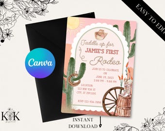 First Rodeo birthday invitation, Editable 1st Rodeo Invite, Cowgirl Theme Wild West Western Template, Printable Digital Download