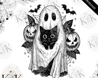 Retro Halloween-spöke och katt png, läskigt spöke png, preppy blommig Halloween-png, bu Halloween-png, rolig Halloween-png, svart katt-png
