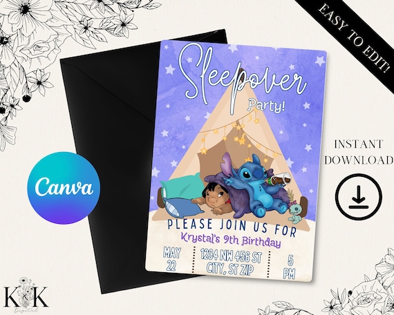 Lilo and Stich Slumber Party Invitation, Stitch Sleepover Birthday Invite Party, Digital Download Invitation, Template, Stitch Party, S007