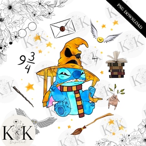 May include: A blue Stitch character wearing a witch hat and a red and yellow scarf. The character is holding a wand and is surrounded by stars, a book, a plant, and a broom. The image also includes the fraction 9/4.