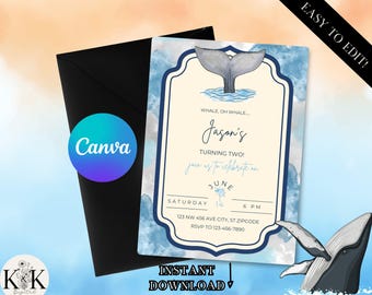 Whale Oh Whale Digital Invitation, Whale Birthday, Whale Birthday Invitation, Instant Download, Editable, Under the Sea, Canva Template