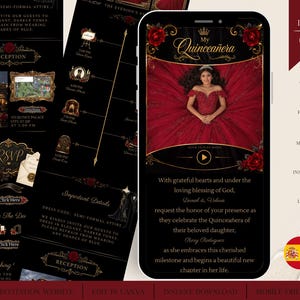 May include: A digital Quinceañera invitation template displayed on a smartphone screen, featuring a red and black color scheme with gold accents, a photo of a person in a red gown, and text detailing event information, RSVP, and reception details.